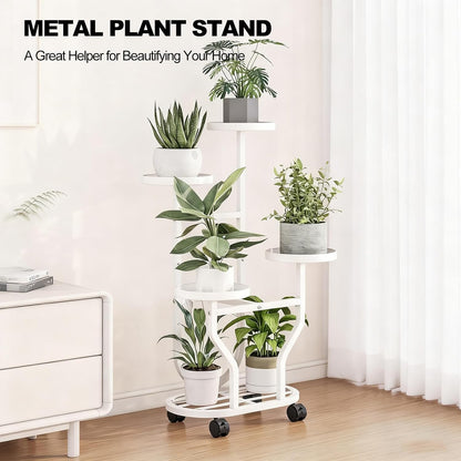 4 Plant Stand Indoor Outdoor Tier Flower Holder with Wheels Metal Plant Shelf Corner Display Rack Multi Plants Sheleves