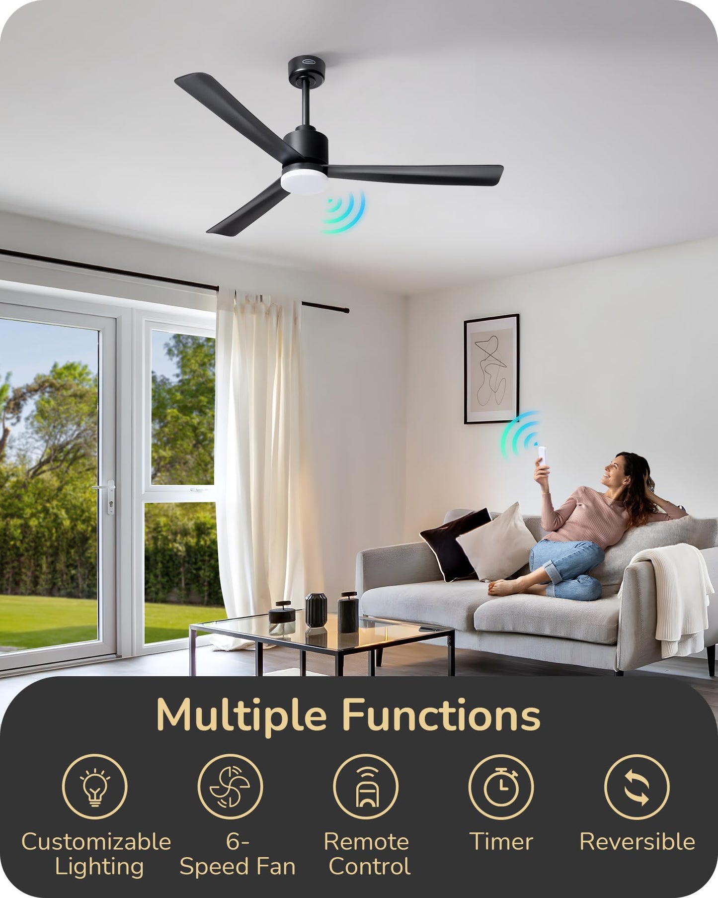 EDISHINE 52" Modern Matte Black Ceiling Fans with Lights, Noiseless, Remote Control, 3CCT Dimmable, Reversible DC Motor, 6 Speeds, Indoor Ceiling Fan for Bedroom, Living Room, Home Office