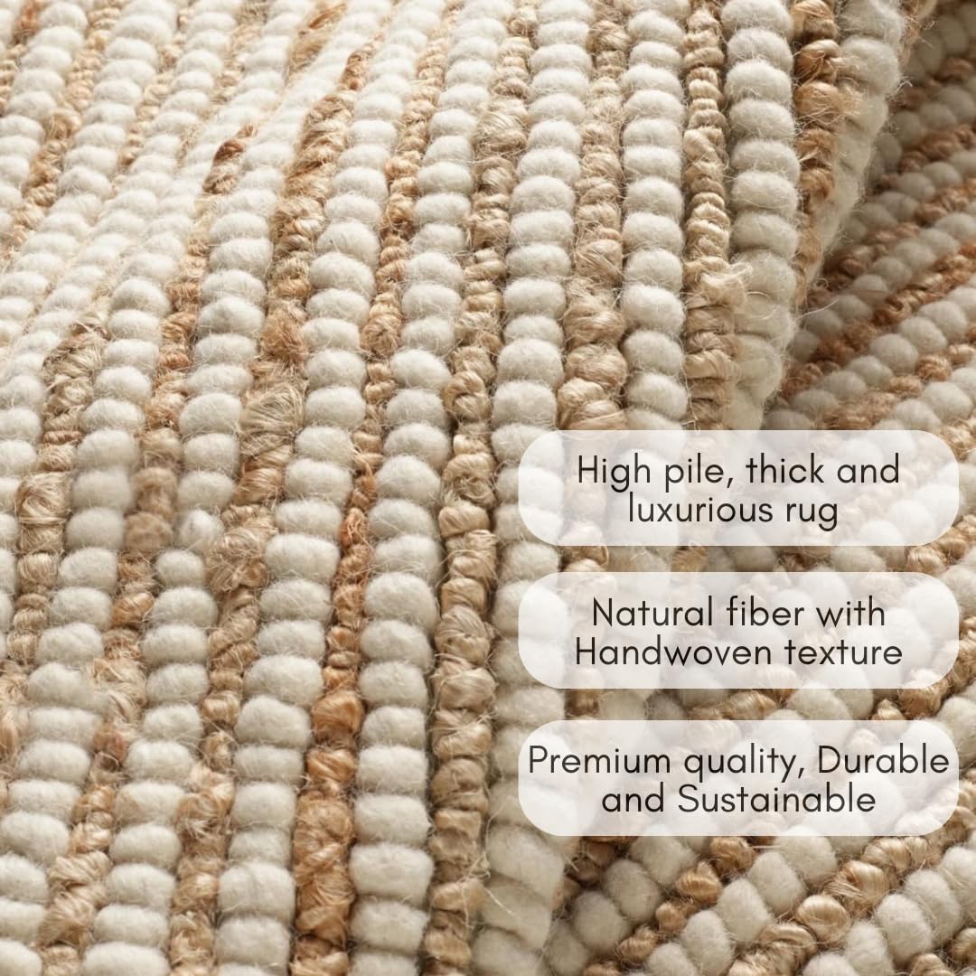 FRELISH DECOR Area Rug 6x9 feet - Premium Wool and Jute Blend Handwoven Rugs - Natural Fiber Chunky Stripe Design for Living Room, Bedroom, Hallways, Dining Area(6' x 9' - Natural Ivory)