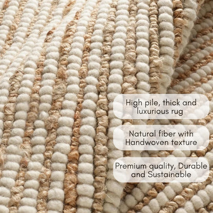 FRELISH DECOR Area Rug 6x9 feet - Premium Wool and Jute Blend Handwoven Rugs - Natural Fiber Chunky Stripe Design for Living Room, Bedroom, Hallways, Dining Area(6' x 9' - Natural Ivory)
