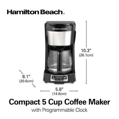 Hamilton Beach 5 Cup Drip Coffee Maker with Easy FrontFill Basket, Compact Design, Programmable Clock, Glass Carafe, Auto Pause and Pour, Black & Stainless Steel (46111)