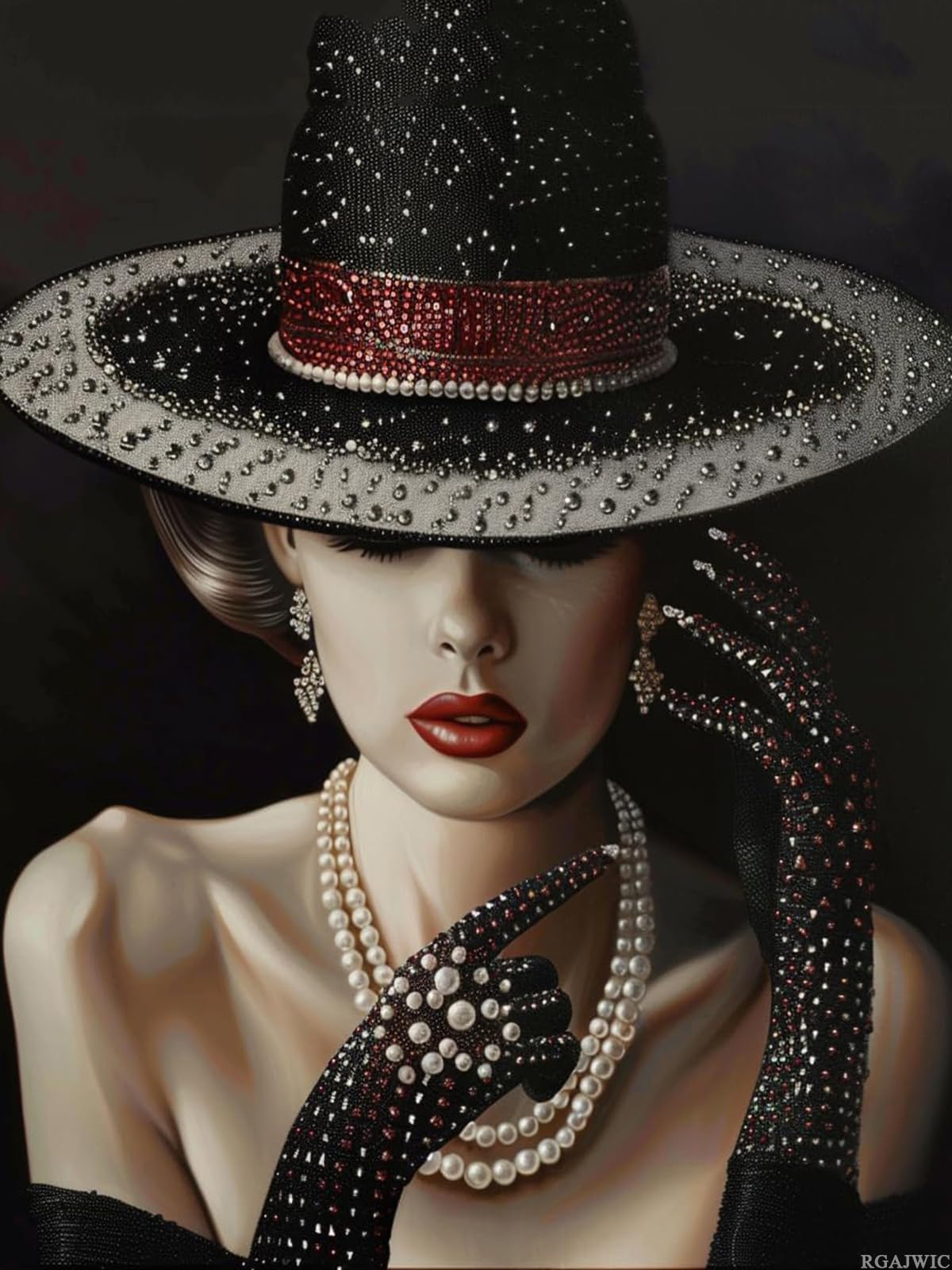 RGAJWIC Elegant Woman Wear Hat DIY 5D Diamond Paint Kits for Adults Easy for Beginner Round Full Drill Diamond Art Painting Gems Cross Stitch Mosaic Craft for Home Decor 12x16 inch