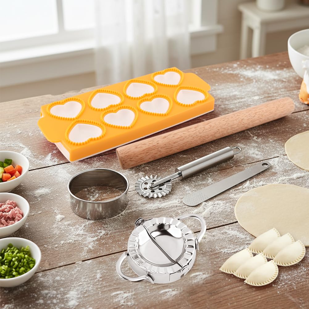 8PCS Ravioli Maker Press Set,Ravioli Stamp Maker Cutter with Wood Rolling Pin,Empanada Maker-Press,Ravioli Wheel and Stuffing Spoon,for Homemade Pasta,Dumpling,Pastry Kit(Yellow)