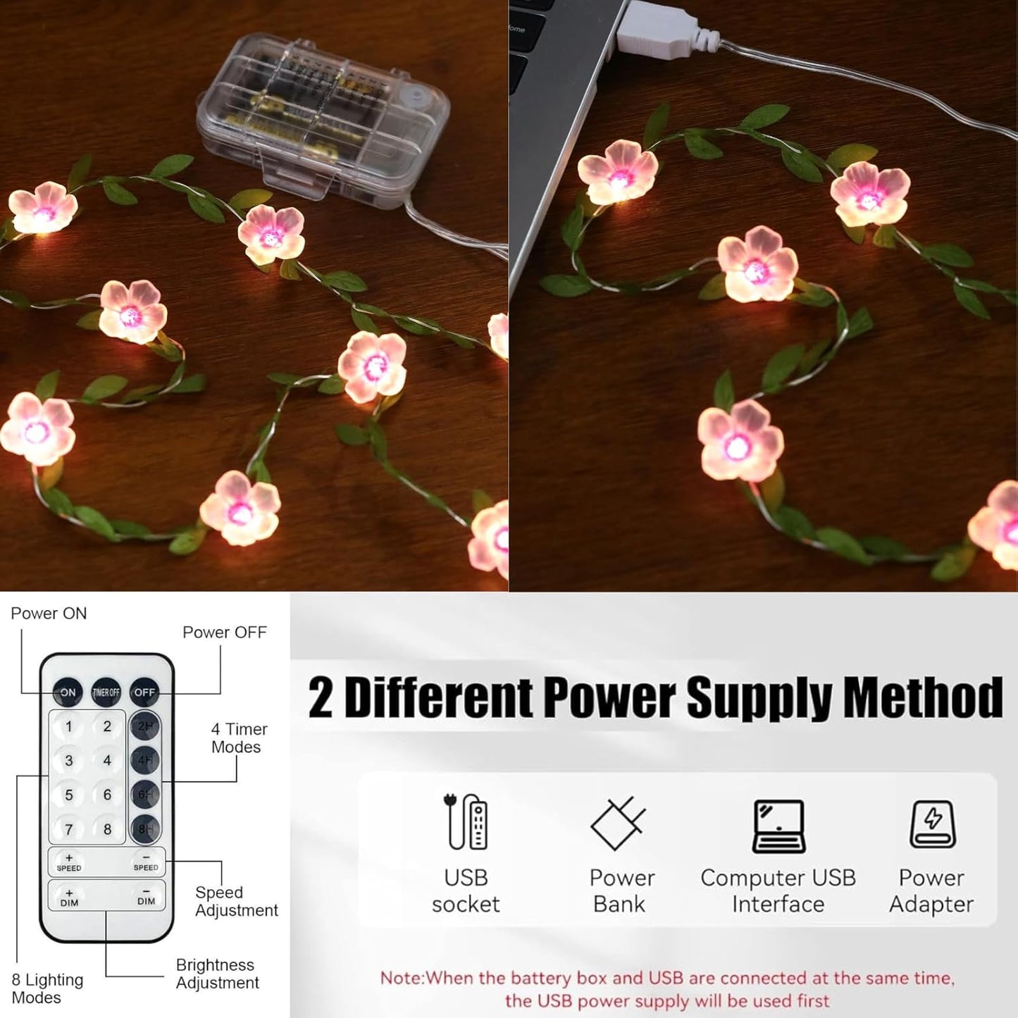 13ft 40 8 1 Pack Cherry Blossom Vine Lights LED Flower String Lights USB Plugin & Battery Operated Fairy Lights