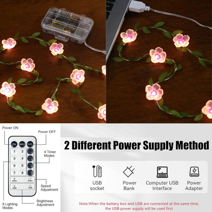 Cherry Blossom Vine Lights 13ft 40 LED Flower String Lights USB Plugin & Battery Operated Fairy Lights with Timer 8 Modes Remote Decorative Light for Graduation Bedroom Wedding Birthday Party Gift
