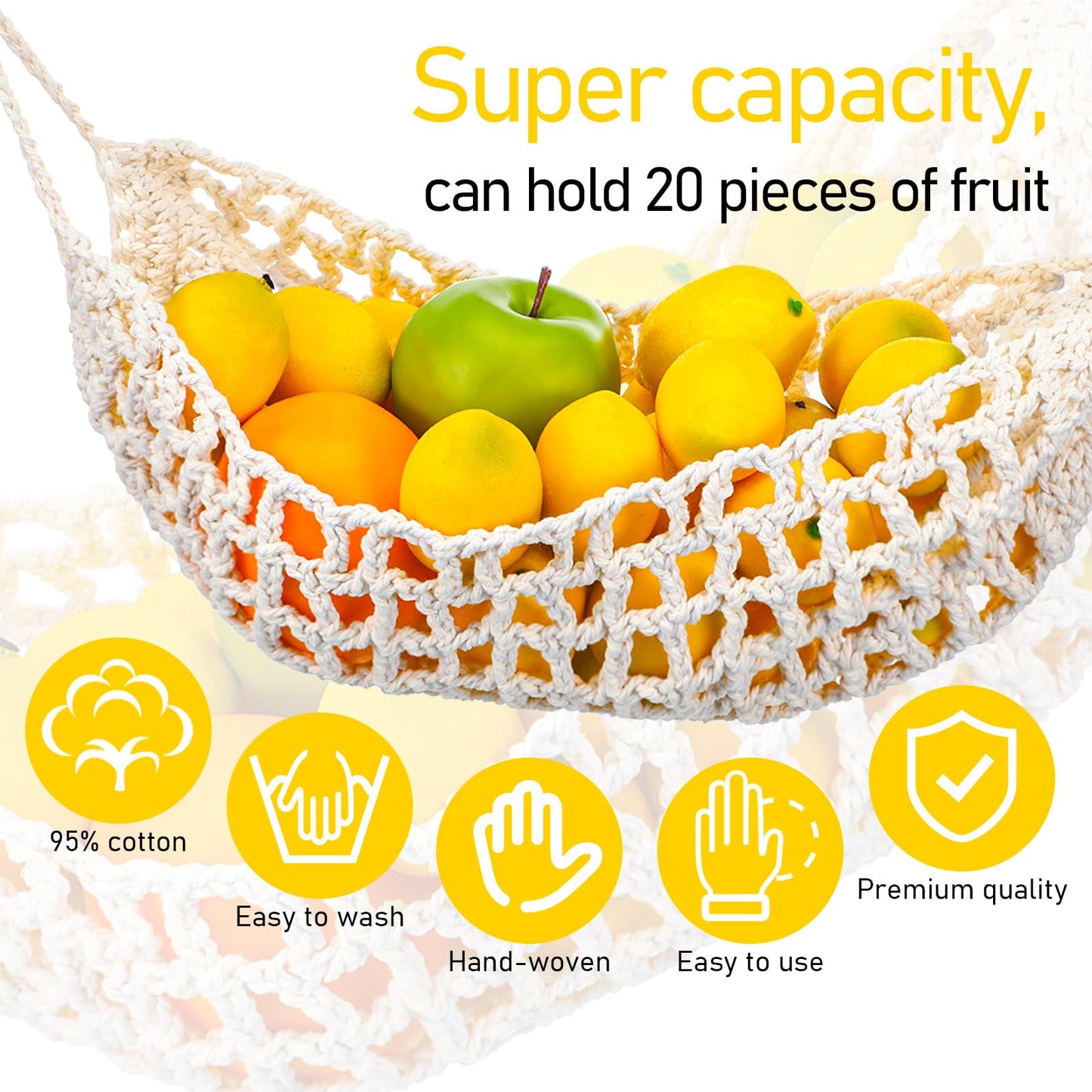 DOPENSPI Fruit Hammock, 22.4×8.7in Fruit Hammock Under Cabinet with 4PCS Hooks Hanging Fruits Basket Fruits Net Woven Boho Banana Holder Veggie Basket Saves Counter for Kitchen Home Boat Rv