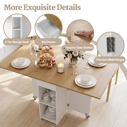 GOFLAME Drop Leaf Dining Table for 2-4, Folding Kitchen Table with Open Shelves & Drawer, Lockable Wheels, Space Saving Extendable Table for Dining Room, Living Room, Small Space, Natural & White