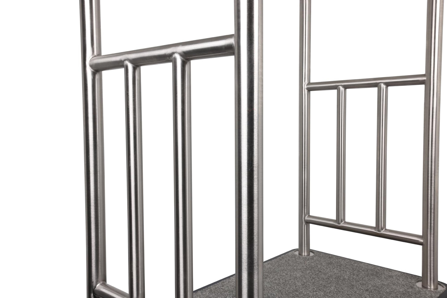 Wholesale Hotel Products Brushed Stainless Steel Luggage Cart – 1500lb Capacity–Bellman Cart w/ Grey Bumper Guard, Plush Carpet, 2” Welded Steel Frame & 8" Wheels, for 5-Star Hotels (Grand Lux Series)