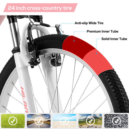 HH HILAND 24 Inch Mountain Bike for Kids Age 7-15 Year Old, Front Suspension Fork Kids' Bicycles for Boys Girls Pink