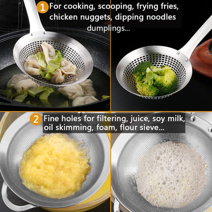 Fine Mesh Stainless Steel Metal With HoleSieve Food Strainer Grease Spider Skimmer And With Handle Large Holes Slotted Colander Frying Spoon Set,Handheld For Kitchen Cooking And Filter Food Residues