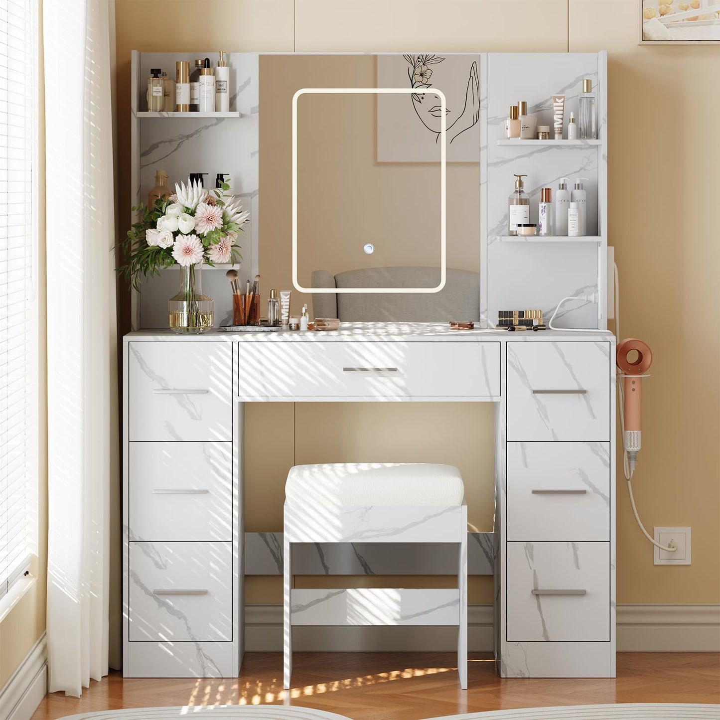 7-Drawer White Vanity Desk with Lighted Mirror & Dimmable LED Lights,Makeup Vanity Set with Power Outlets & USB Ports, 3 Color Lighting Modes, Cushioned Stool & Hair Dryer Holder, Dressing Table for