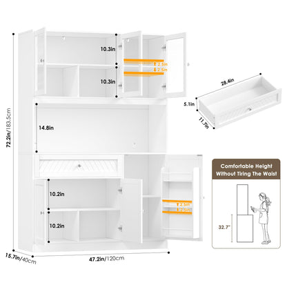 BOTLOG 72” Tall Kitchen Pantry Storage Cabinet, Modern White Kitchen Hutch with Large Storage Drawer, Countertop, Adjustable Shelves, Food Pantry Cabinets for Dining Room, Living Room