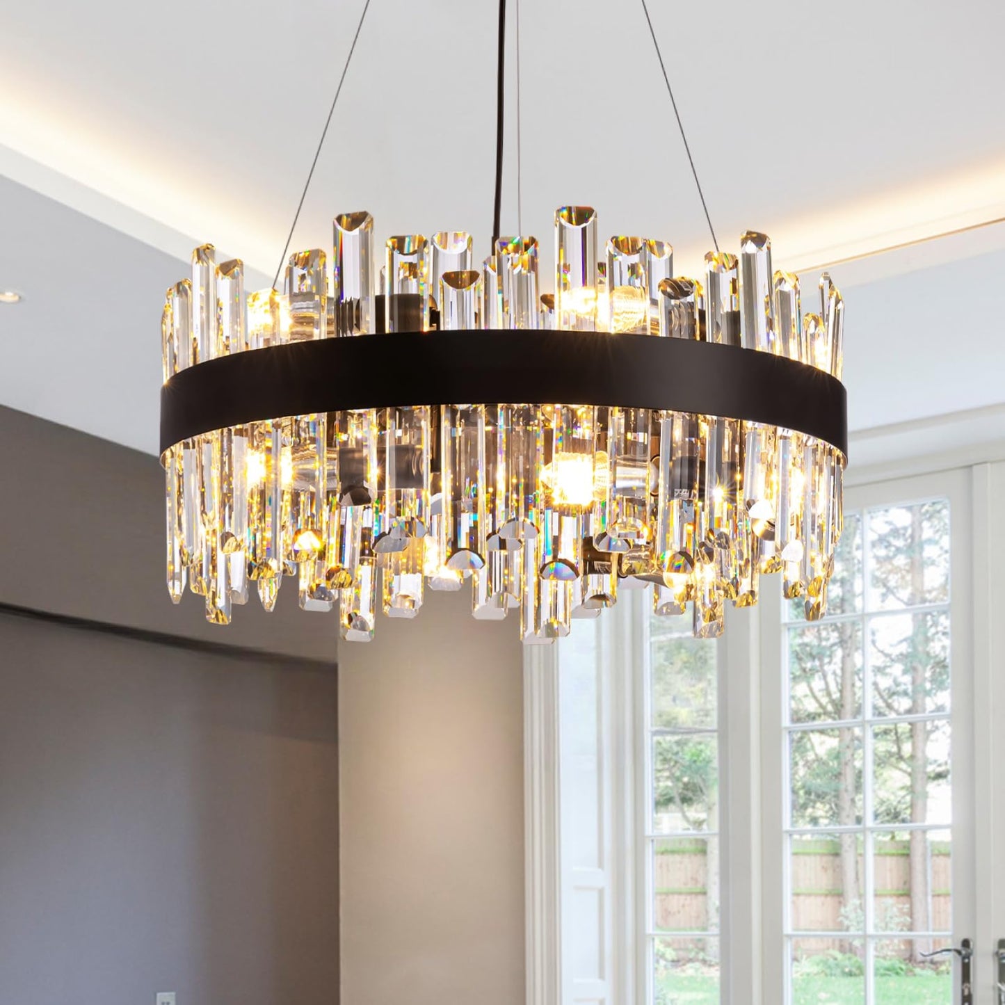 Siljoy Black Crystal Chandelier for Dining Room, Modern 2-Tiers K9 Crystal Raindrop Chandelier 12 Lights Farmhouse Pendant Ceiling Light for Living Room Kitchen Island Entry Foyer D19.7''
