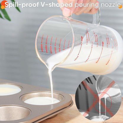 2 Cup Glass Measuring Cup with Handle, 77L High Borosilicate Glass Measuring Cup with V-Shaped and Three Scales (Cup, OZ, ML), Glass Liquid Beaker with Silicone Base, Double-Sided Measure Scales