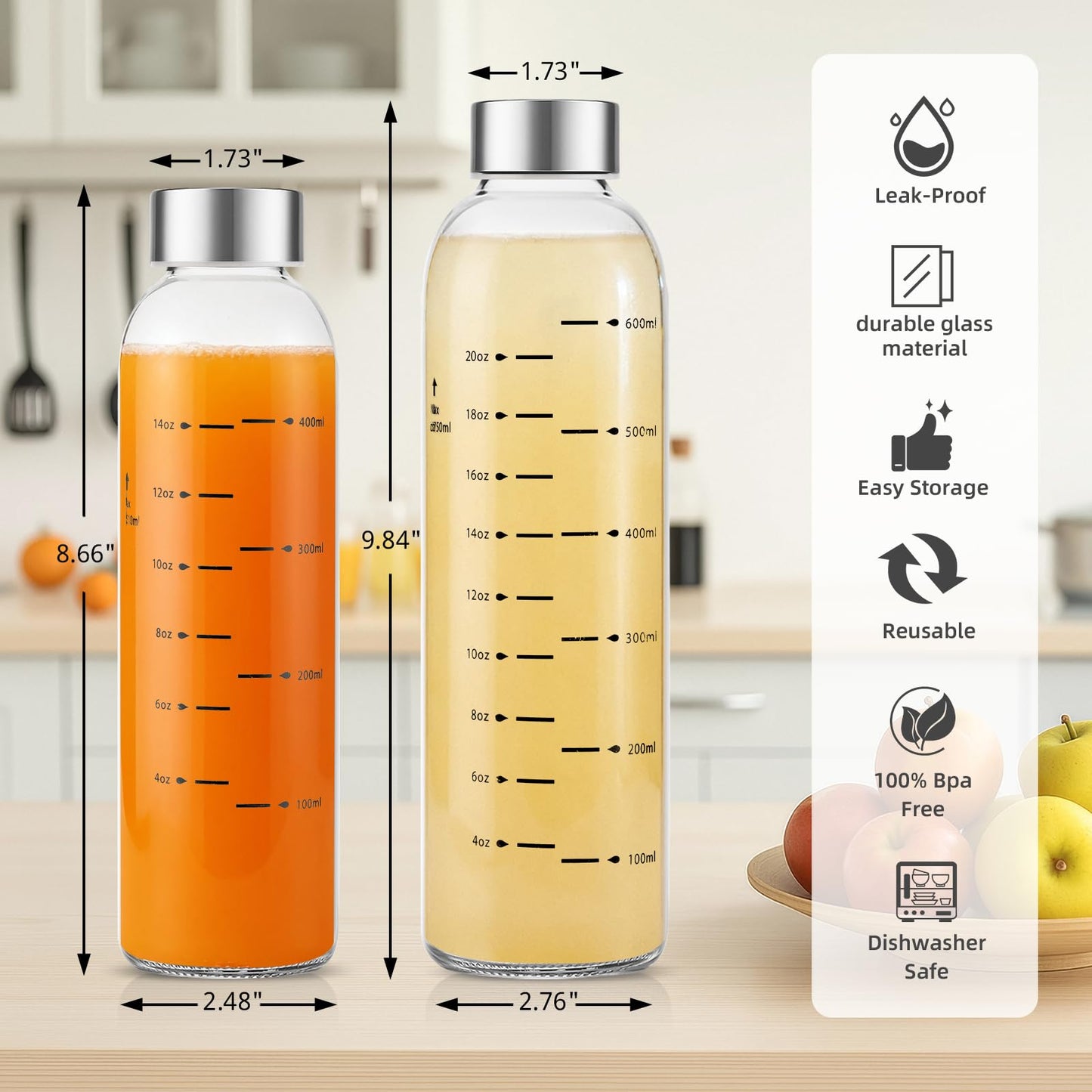 weasland Glass Juice Bottles with Lids Set of 2, 17 oz Reusable Glass Water Bottles with Stainless Steel Caps, BPA Free,Leak Proof,Dishwasher Safe,for Refrigerator, Juicing, Iced Coffee, Cold Brew