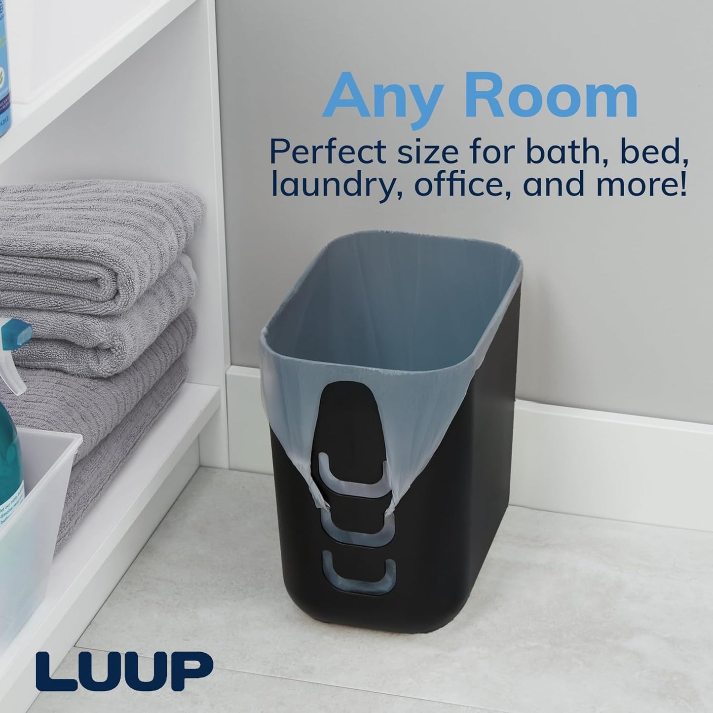 2.5 STORi Luup Trash Can (Black) - Reuse Grocery Bags - Plastic Garbage Container for Bathroom, Vanity, Laundry Room
