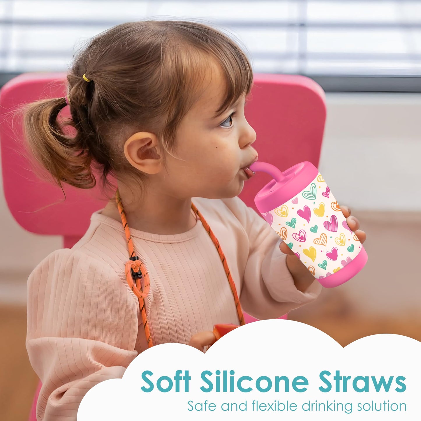 SANDJEST Kid Insulated Stainless Steel Tumbler with Silicone Straw, 12oz Sippy Cup for Kids (Playful Hearts)