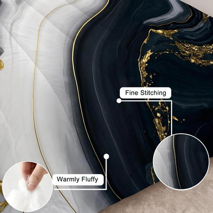 VTKON Abstract Marble Bedding Set for Kids Women Men Queen Size 3D Marble Comforter Set Black White Gold Quilt Set for All Age Marbling Quilt Set with 1 Comforter + 2 Pillowcases