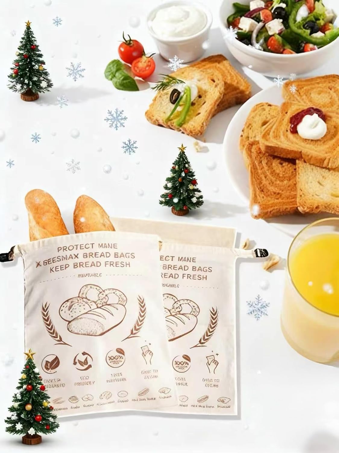 17x13 Inch Design2 Pack Beeswax Bread Bags for Sourdough & Homemade Bread - Reusable Natural Cotton Bees Wax Bags