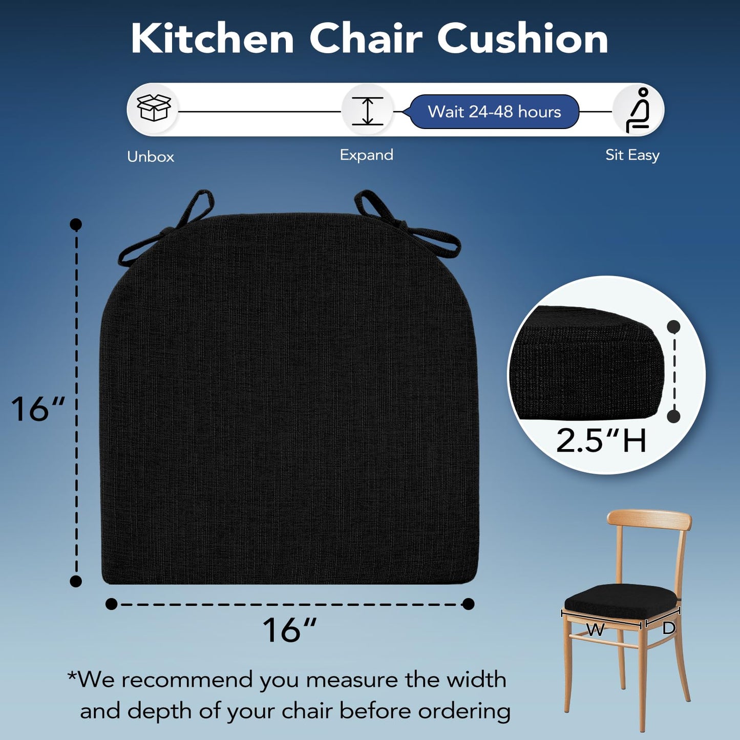HOMELYSIAN Chair Cushions for Dining Chairs, Non Slip Chair Pads with Ties and Washable Covers, Memory Foam Kitchen Chair Cushions Set of 4, 16"X16"X2.5", Black