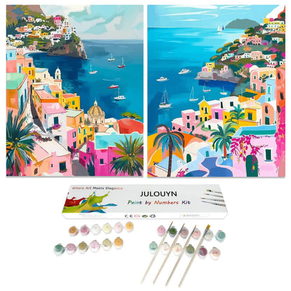 JULOUYN 2 Pack Paint by Numbers Kit for Adults Beginner, Amalfi Coast DIY Canvas Art Kit for Home Decor Gift 16x20 in