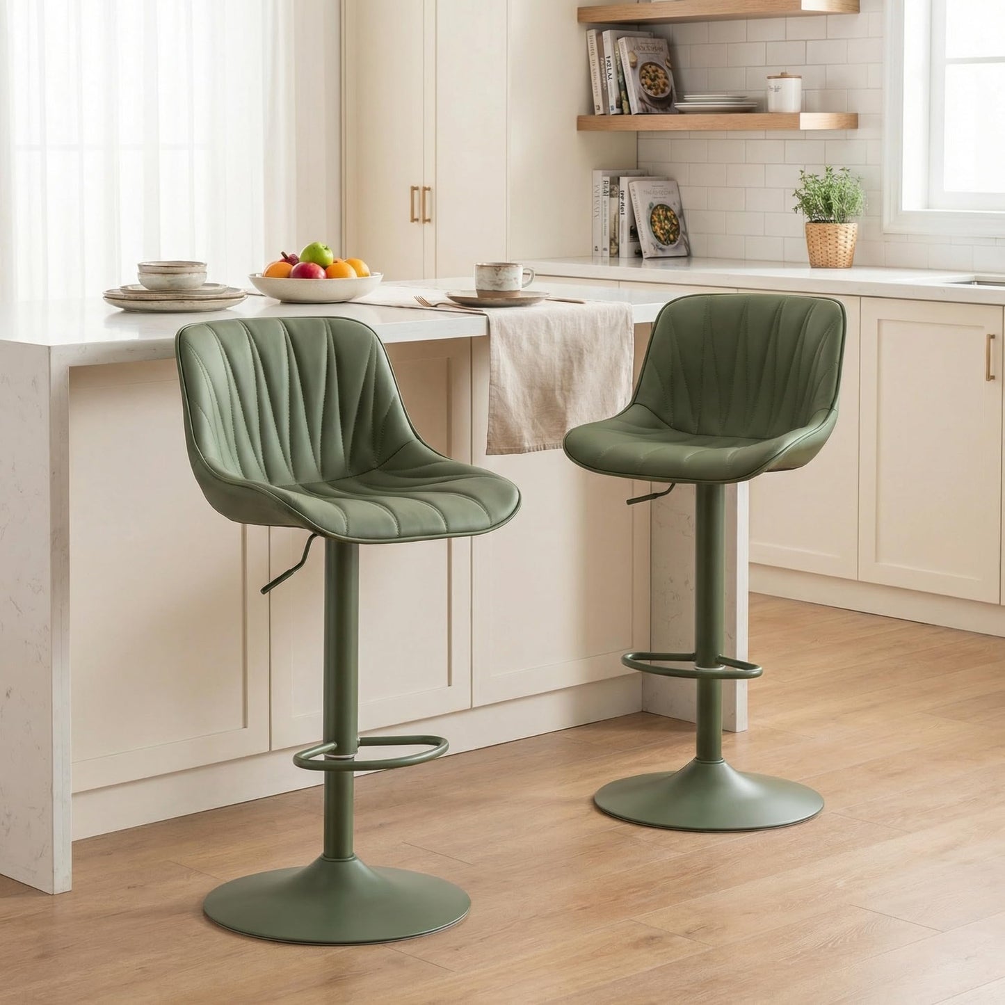 YOUNIKE Bar Stools Set of 2, Faux Leather Padded Bar Stool Counter Height Swivel Bar Chairs, Modern Adjustable Barstools with Back for Kitchen Island, Full Pea Green Same-Color Base
