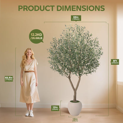 VeriNatural Olive Trees Artificial Indoor,8Ft Large Faux Plants,Tall Fake Tree with 15in White Round Planter,Full & Lush Faux Olive Tree for Home Decor Living Room, Office or Bedroom,Housewarming