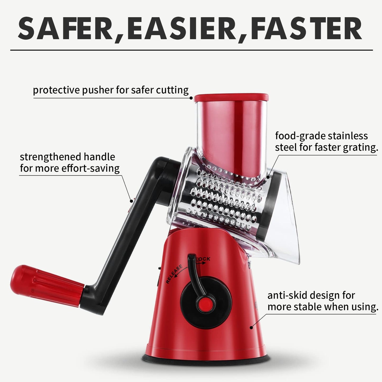 RIGSTNE Rotary Cheese Grater, 3 in 1 Cheese Shredder Grater Rotary with Handle, Vegetable Mandoline Slicer Shredder for Vegetable, Cheese, Nut
