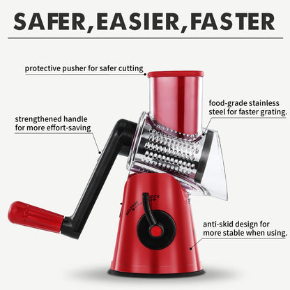 RIGSTNE Rotary Cheese Grater, 3 in 1 Cheese Shredder Grater Rotary with Handle, Vegetable Mandoline Slicer Shredder for Vegetable, Cheese, Nut