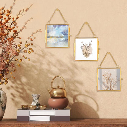 HOFURME 4 Pcs Mini Brass Wall Hanging Photo Frame, Square Glass Hanging Picture Artwork Display Frame, Double Glass Floating Frame Style Gallery Wall Frame for Picture, Pressed Flower (3.5x3.5 inch)