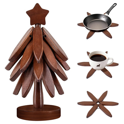 Wooden Trivets for Hot Dishes, Wooden Tree Trivet Set of 4 + 1 Stand Stored Like a Christmas Tree, Premium Heat-Resistant Natural Trivet Set for Kitchen Countertop, Bowl, Teapot