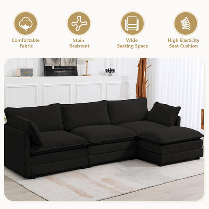 112'' Sectional Modular Cloud Couch, Oversized L Shaped 3 Seat Sofa with Movable Ottomans, 2 Throw Pillows, Upholstered Corduroy L Shape Comfy Deep Couches for Living Room and Office, Black