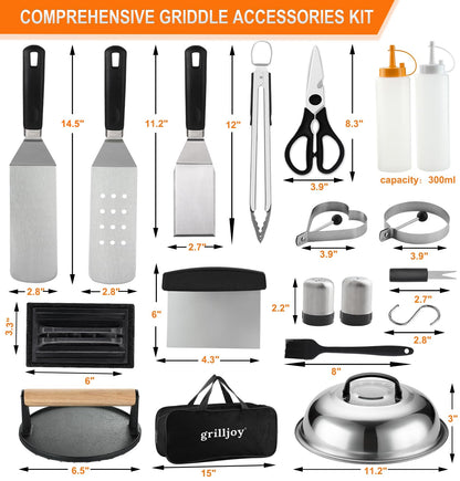 grilljoy Professional Griddle Accessories Kit Set with Smash Burger Press - Extra Thick Grill Spatula, Turner, Flipper - 38PCS Flat Top Grill Tools Kit for Outdoor Barbecue Teppanyaki Camping Cooking