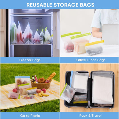 Lerine 10 Pack Stand-Up Reusable Freezer Bags, Leakproof Dishwasher Safe Food Storage Bags, BPA Free Reusable Gallon Bags for Marinating, Meal Prep (Multicolor, 3 Gallon 4 Sandwich 3 Snack)