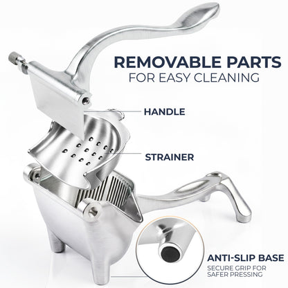 Zulay Manual Fruit Juicer- Heavy Duty Juice Press Squeezer with Detachable Lever & Removable Strainer - Fruit Press & Hand Juicer For Pomegranates, Lemons, Oranges, and More (Silver)