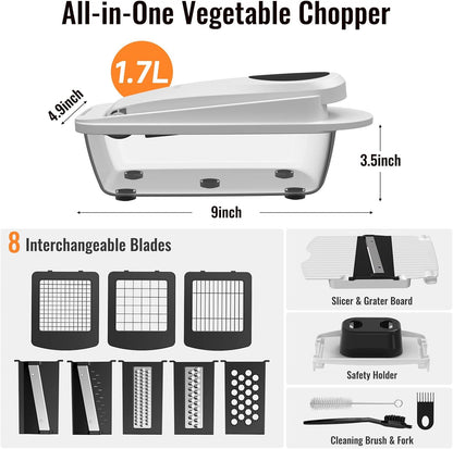Skiennix 8-Blade Vegetable Chopper - All-in-One Mandoline Slicer with Container for Effortless Salad Prep | White