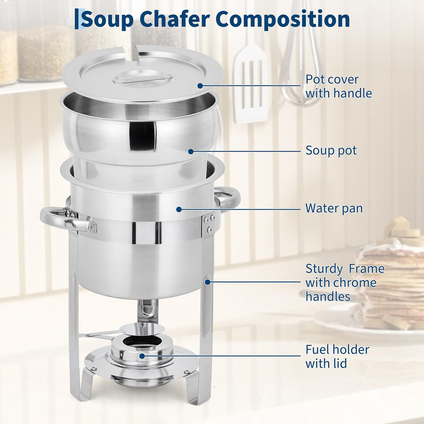 GarveeHome 11QT Soup Chafer Set of 2, Stainless Steel Round Soup Warmer with Pot, Notched Lids & Fuel Holders, Commercial Food Warmer for Buffets, Events and Party Service