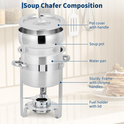 GarveeHome 11QT Soup Chafer Set of 2, Stainless Steel Round Soup Warmer with Pot, Notched Lids & Fuel Holders, Commercial Food Warmer for Buffets, Events and Party Service