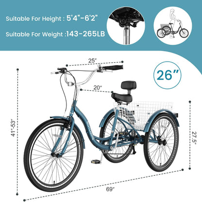 Slsy Adult Tricycle 7 Speed, 20/24/26 Inch Step-Through 3 Wheel Bike for Adults with Large Shopping Basket, 350 lb Capacity Adult Trike for Seniors, Women and Men