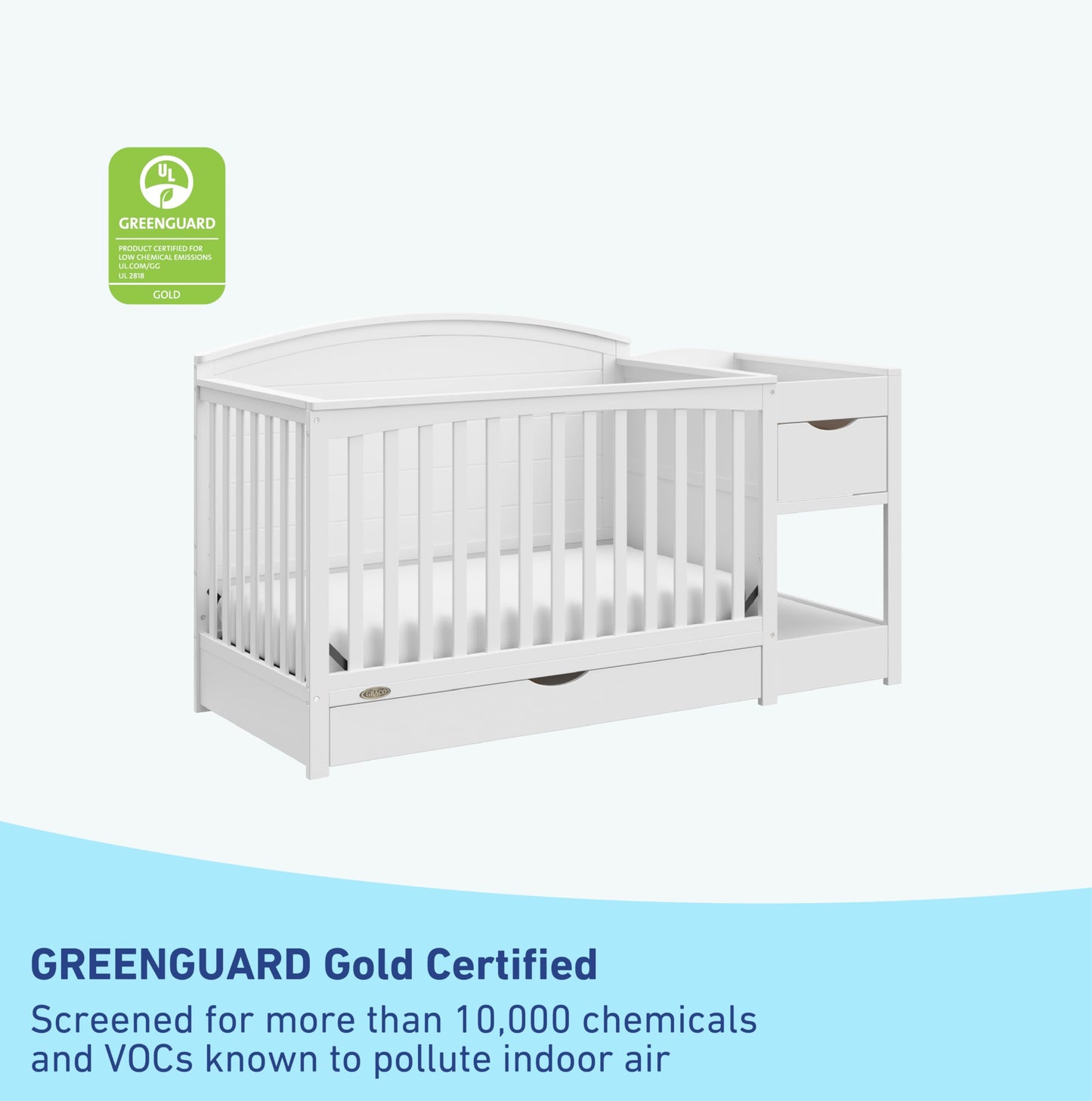 Graco Bellwood 5-in-1 Convertible Crib & Changer with Drawer - GREENGUARD Gold Certified, Full-Size Storage Drawer, Converts to Toddler Bed (White)