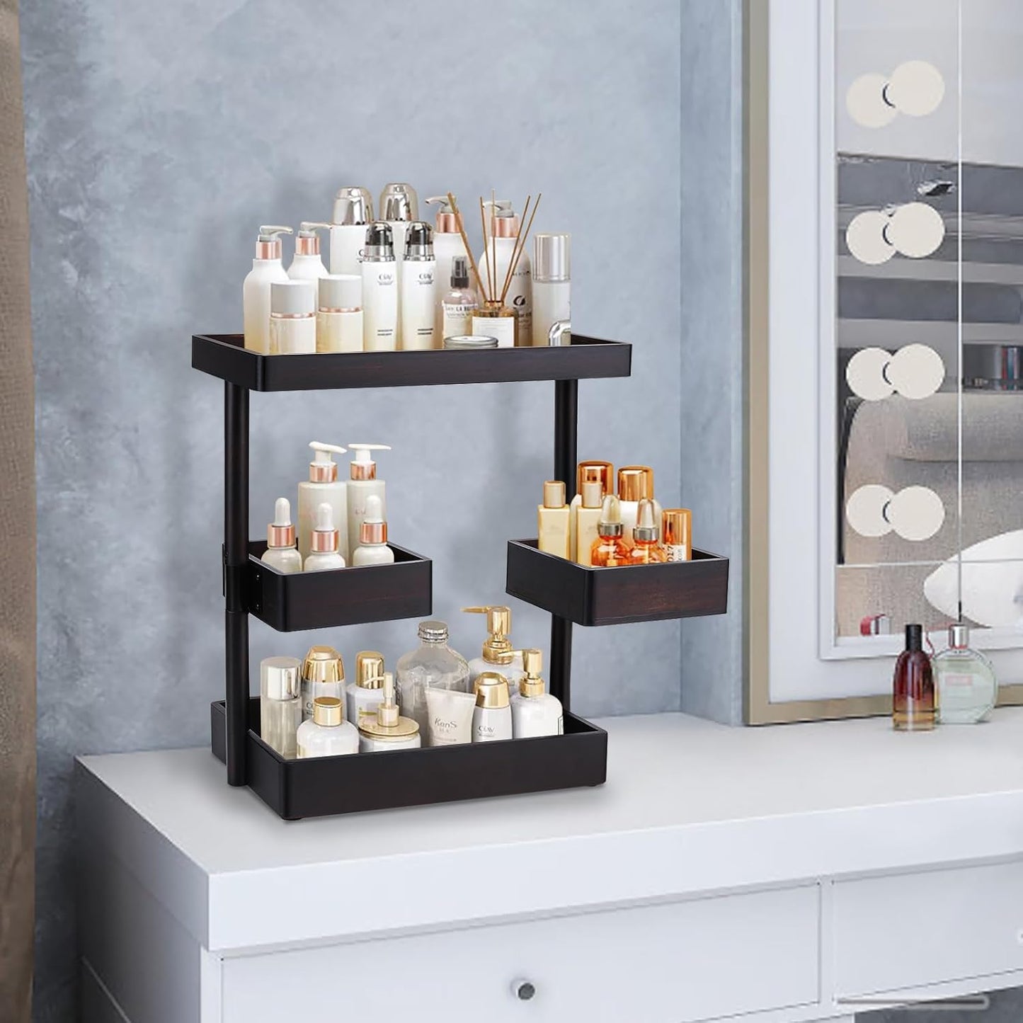 Bathroom Counter Organizer, 3 Tier Rotating Vanity Storage Cabinet, Wooden Cosmetic Holder for Countertop, Kitchen