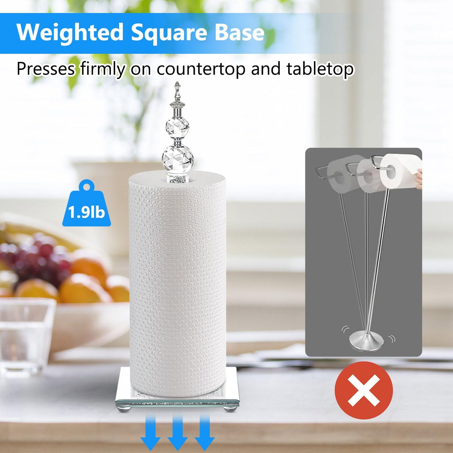 Crystal Paper Towel Holder, Bling Silver Paper Towel Roll Holder, Decor Standing Paper Towel Holder with Weighted Base, Paper Towel Dispenser for Kitchen Countertops Bathroom, Anti Slip(Square/Silver)
