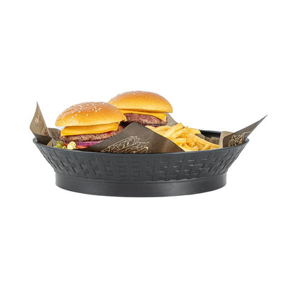 Restaurantware Round Serving Baskets 10 Pack of 12.01 x 2.36 Inch with Base Drainage Slots Microwavable Dishwashable Stackable Plastic Black Food Serving Trays for Restaurants and Catering