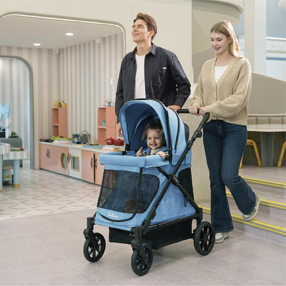 Familidoo Q1 2.0 Multi-Use Kids Wagon Stroller – Foldable, Lightweight & All-Terrain for Kids & Pets – Magnetic Safety Harness, Rain Cover & Compact Travel Design – Up to 132 lbs (Denim Blue)