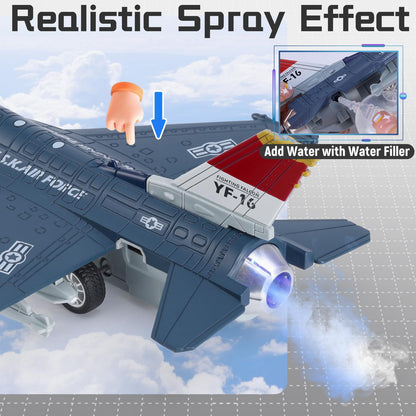 Crelloci Diecast Metal Alloy Fighter Jet Military Airplane Toy with Mist Spray, Lights & Sounds, Pull Back Function Army Air Force Aircraft for Kids, Toddlers Ages 3+, Gift for Boys Girls (Blue)
