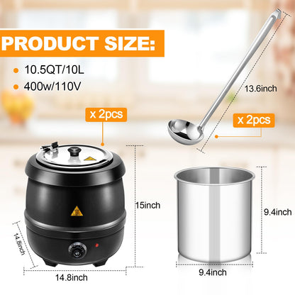 Suclain 2 10.5 Quart Commercial Soup Warmer 110v Electric Large Commercial Soup Kettle Warmer with 2 Ladles Stainless Steel Hinged Lid Detachable Pot Portable Electric Pot for Family Gathering