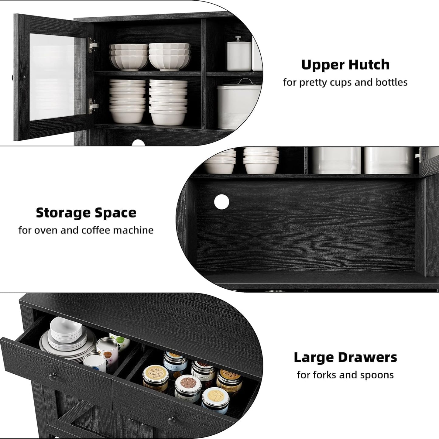63" Tall Farmhouse Kitchen Pantry Cabinet with Microwave Stand, Freestanding Pantry Hutch Cabinet with Adjustable Shelves, Drawers & Countertop, Buffet Cupboard for Dining & Living Room Storage, Black