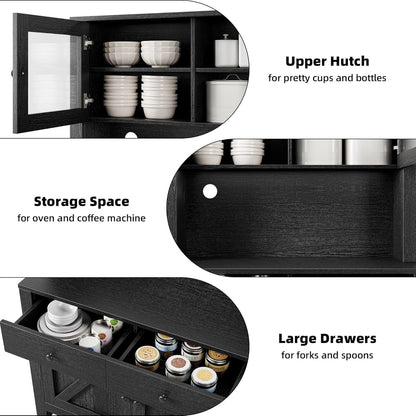 63" Tall Farmhouse Kitchen Pantry Cabinet with Microwave Stand, Freestanding Pantry Hutch Cabinet with Adjustable Shelves, Drawers & Countertop, Buffet Cupboard for Dining & Living Room Storage, Black