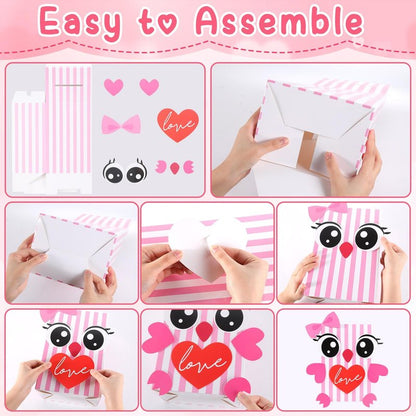 ojustbeok Large Valentine's Day Card Box for Kids with 50 Valentine Cards DIY Heart Owl Valentines Day Mailbox Cards Set for Girls Boys School Classroom Exchange Valentines Party Favors Supplies