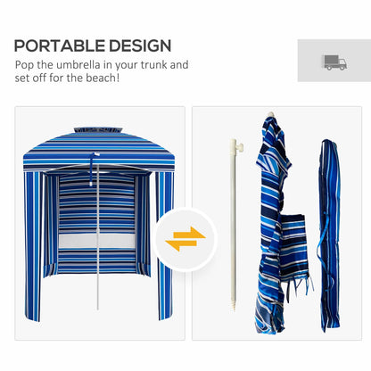 leoglint 5.8' x 5.8' Portable Beach Outdoor Umbrella with Double-Top, Ruffled Outdoor Cabana with Walls, Vents, Sandbags, Carry Bag, Blue Stripe